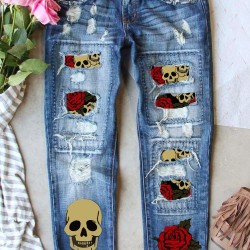 Sky Blue Rose Skull Patchwork Ripped Jeans