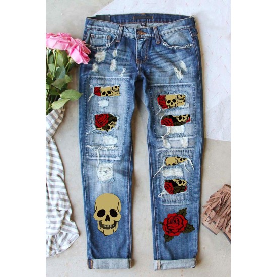 Sky Blue Rose Skull Patchwork Ripped Jeans