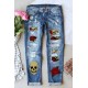 Sky Blue Rose Skull Patchwork Ripped Jeans