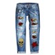 Sky Blue Rose Skull Patchwork Ripped Jeans