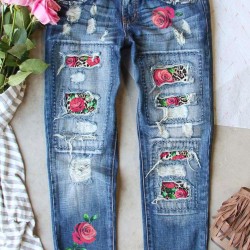 Sky Blue Cheetah Floral Print Contrast Mid Waist Distressed Jeans