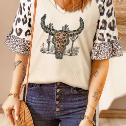 Khaki Leopard Bull Head Ruffled Sleeve Waffle Knit Top