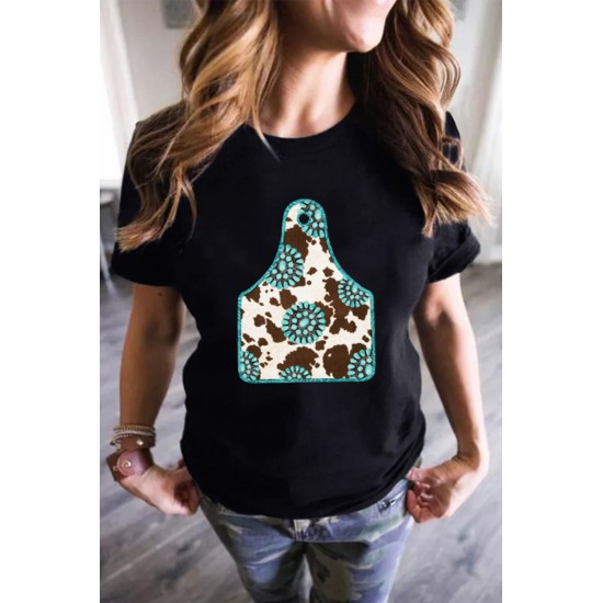 Solid Black Turquoise Cow Ox Horn Tag Graphic Tee