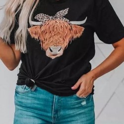 Black Cute Cattle Leopard O-Neck T-Shirt