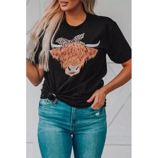 Black Cute Cattle Leopard O-Neck T-Shirt