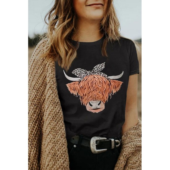 Black Cute Cattle Leopard O-Neck T-Shirt