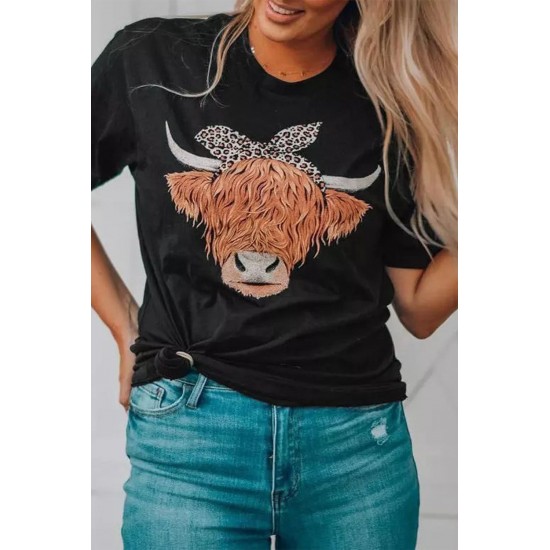 Black Cute Cattle Leopard O-Neck T-Shirt