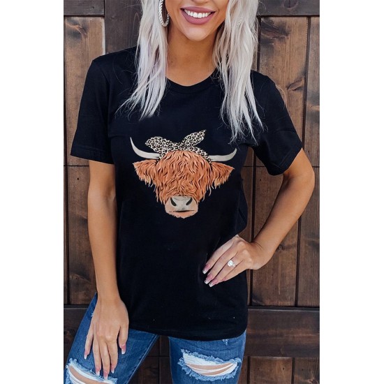 Black Cute Cattle Leopard O-Neck T-Shirt