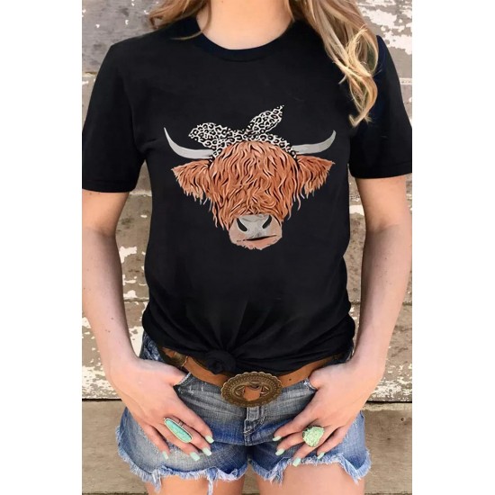 Black Cute Cattle Leopard O-Neck T-Shirt