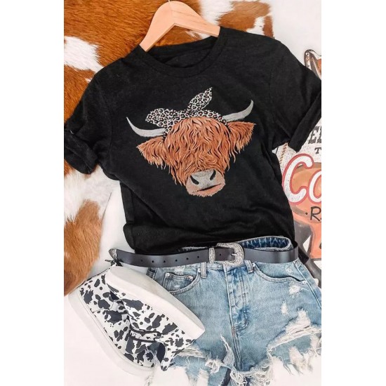 Black Cute Cattle Leopard O-Neck T-Shirt