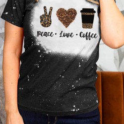 Black Peace Love Coffee Leopard Graphic Print Short Sleeve Tee