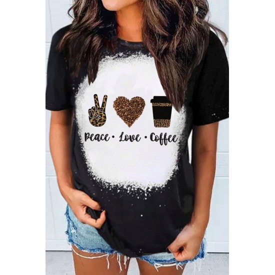 Black Peace Love Coffee Leopard Graphic Print Short Sleeve Tee