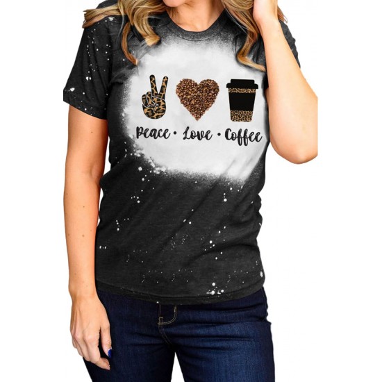 Black Peace Love Coffee Leopard Graphic Print Short Sleeve Tee