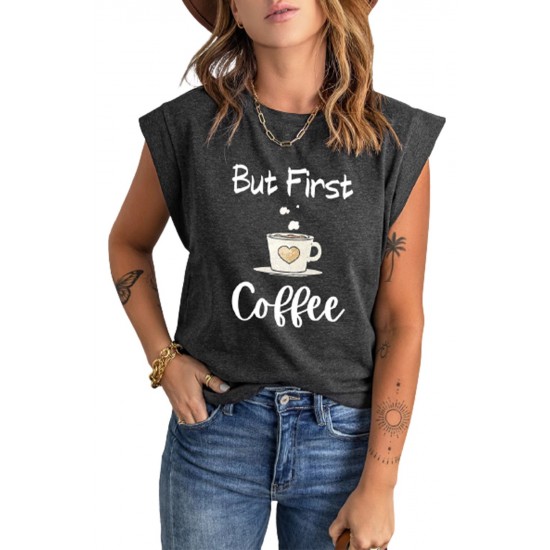 Gray But First Coffee Graphic Cap Sleeve Tee