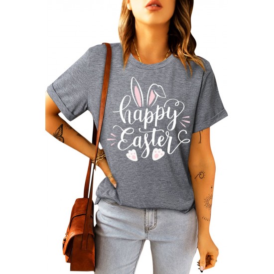 Gray Casual Letter Bunny Print Short Sleeve T Shirt