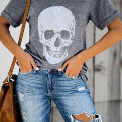 Gray Casual Skull Print Rolled Sleeve Graphic T-Shirt