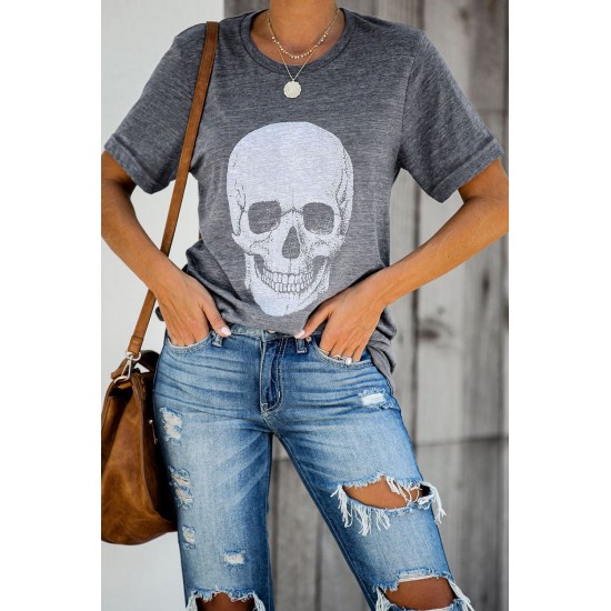 Gray Casual Skull Print Rolled Sleeve Graphic T-Shirt