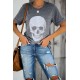 Gray Casual Skull Print Rolled Sleeve Graphic T-Shirt