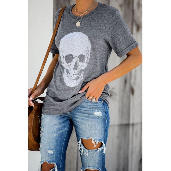 Gray Casual Skull Print Rolled Sleeve Graphic T-Shirt