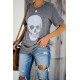 Gray Casual Skull Print Rolled Sleeve Graphic T-Shirt