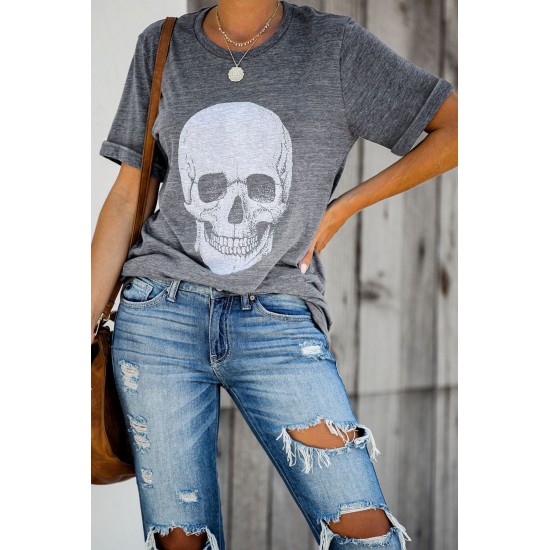 Gray Casual Skull Print Rolled Sleeve Graphic T-Shirt