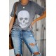 Gray Casual Skull Print Rolled Sleeve Graphic T-Shirt