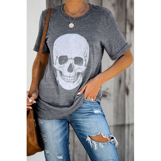 Gray Casual Skull Print Rolled Sleeve Graphic T-Shirt