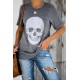 Gray Casual Skull Print Rolled Sleeve Graphic T-Shirt