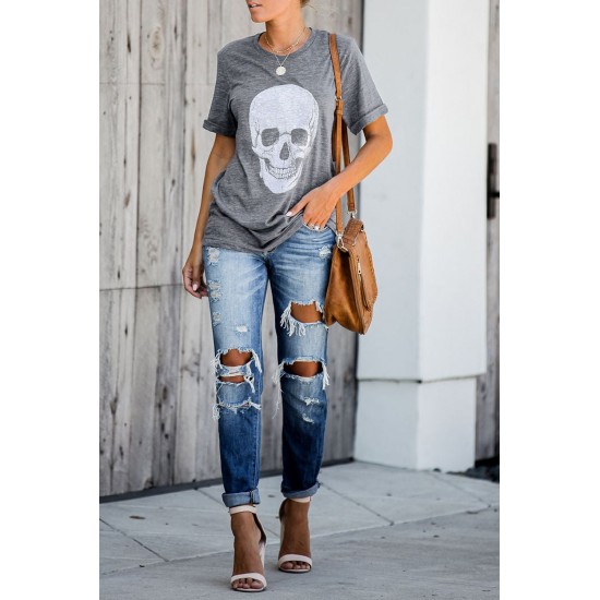 Gray Casual Skull Print Rolled Sleeve Graphic T-Shirt