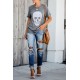 Gray Casual Skull Print Rolled Sleeve Graphic T-Shirt