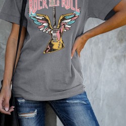 Gray ROCK AND ROLL Guitar Print Short Sleeve Graphic Tee