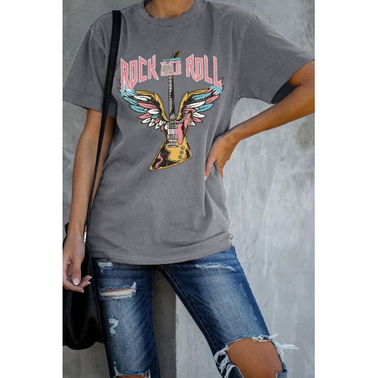 Gray ROCK AND ROLL Guitar Print Short Sleeve Graphic Tee