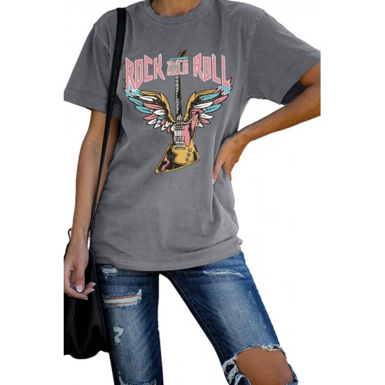 Gray ROCK AND ROLL Guitar Print Short Sleeve Graphic Tee