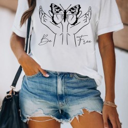 White Be Free Gesture Butterfly Print Short Sleeve Graphic Tee