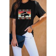 Black Casual Pick Up Truck Print Graphic Tee