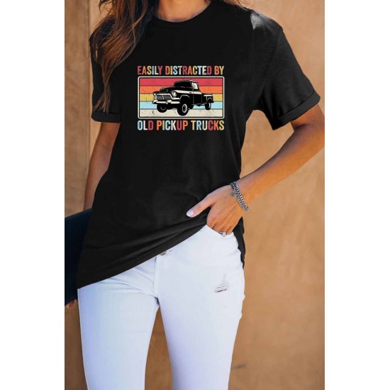 Black Casual Pick Up Truck Print Graphic Tee