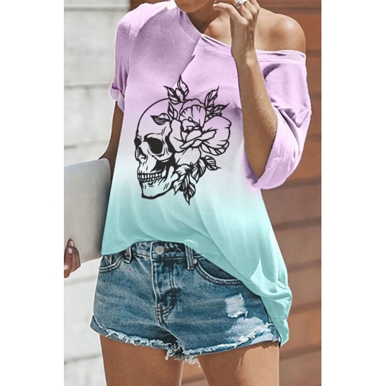 Purple Skull & Floral Print Ombre T Shirt