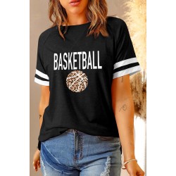 Black BASKETBALL Leopard Graphic Print Striped Short Sleeve T Shirt