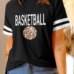 Black BASKETBALL Leopard Graphic Print Striped Short Sleeve T Shirt