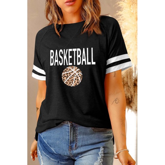 Black BASKETBALL Leopard Graphic Print Striped Short Sleeve T Shirt