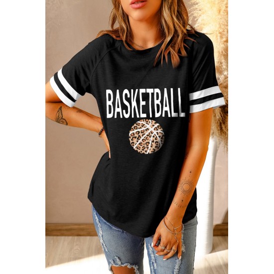 Black BASKETBALL Leopard Graphic Print Striped Short Sleeve T Shirt