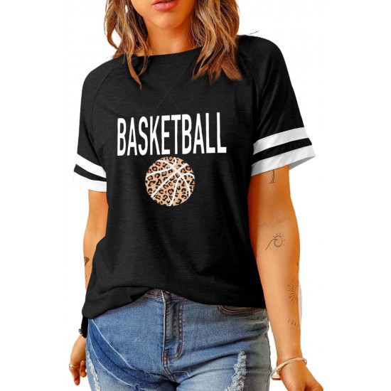 Black BASKETBALL Leopard Graphic Print Striped Short Sleeve T Shirt