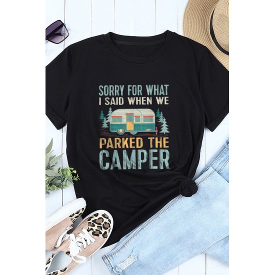 Black CAMPER Letter Car Graphic Print Short Sleeve Tee