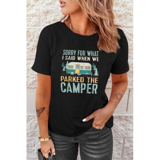 Black CAMPER Letter Car Graphic Print Short Sleeve Tee