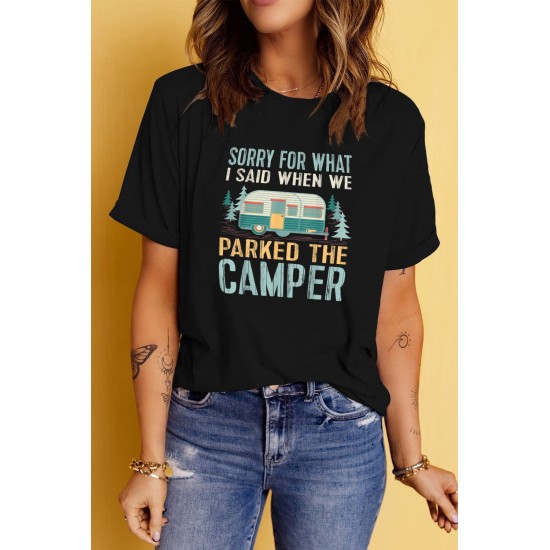 Black CAMPER Letter Car Graphic Print Short Sleeve Tee