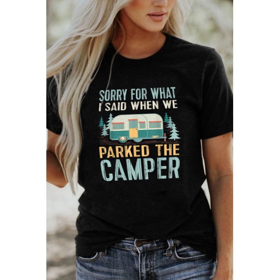 Black CAMPER Letter Car Graphic Print Short Sleeve Tee