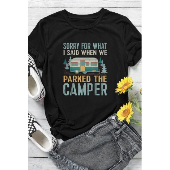 Black CAMPER Letter Car Graphic Print Short Sleeve Tee