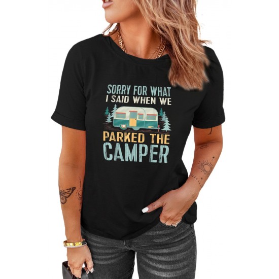 Black CAMPER Letter Car Graphic Print Short Sleeve Tee