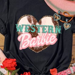 Black WESTERN Barbie Heart Shape Print Short Sleeve T Shirt