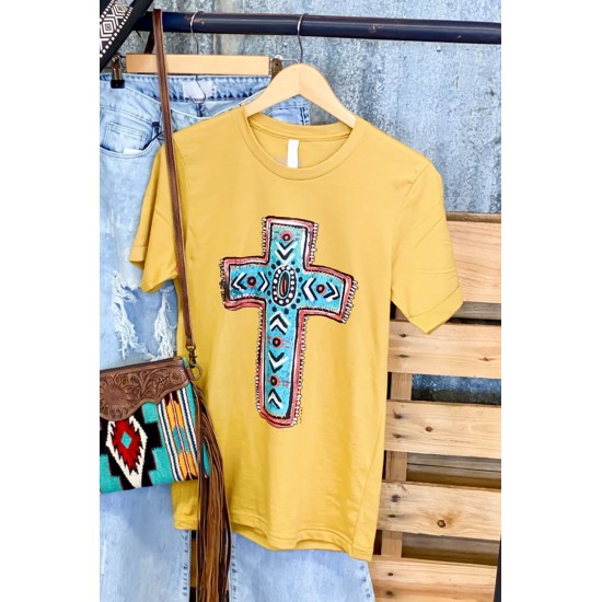 Yellow Western Cross Graphic Print Short Sleeve T Shirt